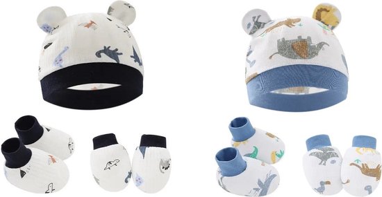 2-pack - Baby Newborn Dinosaurus Muts, Krabwantjes en Slofjes - Navy en Blauw