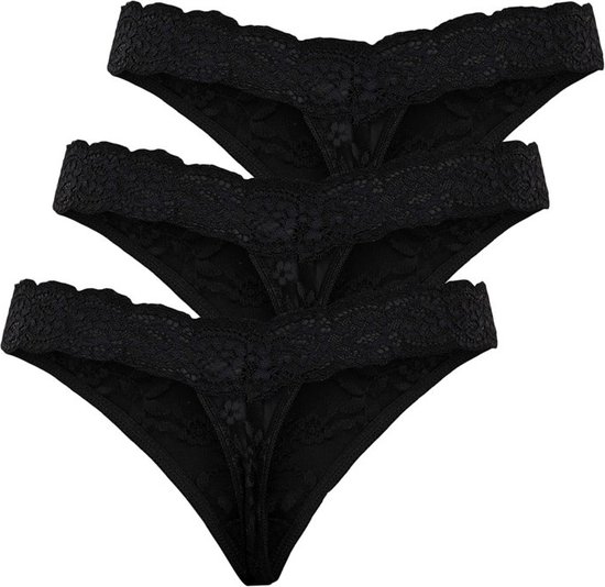 Pieces strings 3-pack - Lace Thong - Maat XS - XS - Zwart