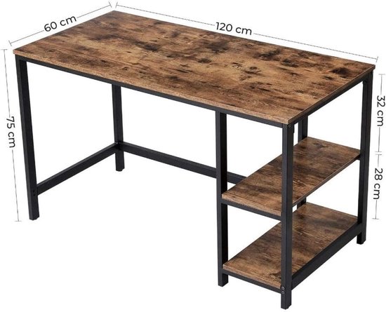 Bureau met bruin houtnerf blad (120x60 cm) en zwart metalen frame. Hoogte 75 cm, legplanken hoogte 32 cm en 28 cm.