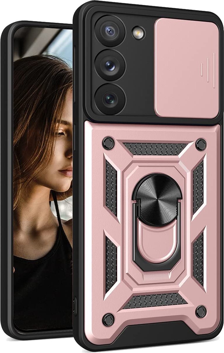 Arara Hoesje geschikt voor Samsung Galaxy S23 Plus hoesje met Ring Houder en camera bescherming schuifje – Rosegoud