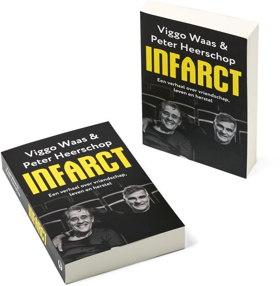 Twee exemplaren van het boek Infarct, een verhaal over vriendschap, leven en herstel, met Viggo Waas en Peter Heerschop op de voorkant.