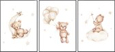 No Filter Babykamer posters set - 3 stuks - 21x30 cm (A4) - Kinderkamer decoratie - Teddy beer met ballon - Sterren - Beige