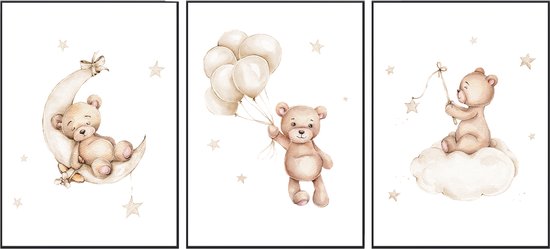 No Filter Babykamer posters set - 3 stuks - 21x30 cm (A4) - Kinderkamer decoratie - Teddy beer met ballon - Sterren - Beige
