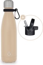 Wattamula Design eco RVS drinkfles - sand - extra dop met rietje en carrier - 500 ml - waterfles - thermosfles - sport