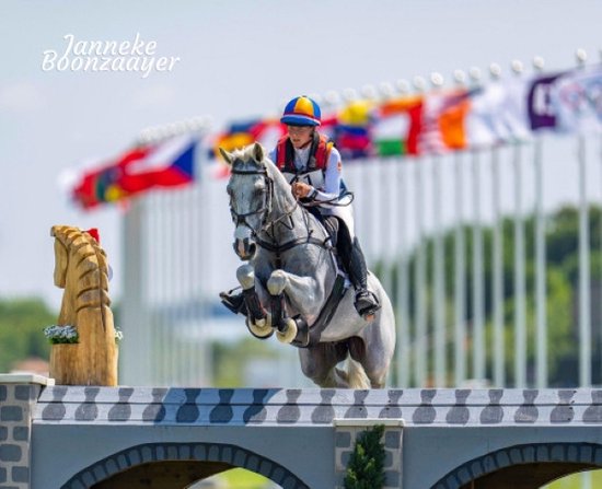 Een ruiter op een grijs paard springt over een hindernis. "Janneke Boonzaaijer"