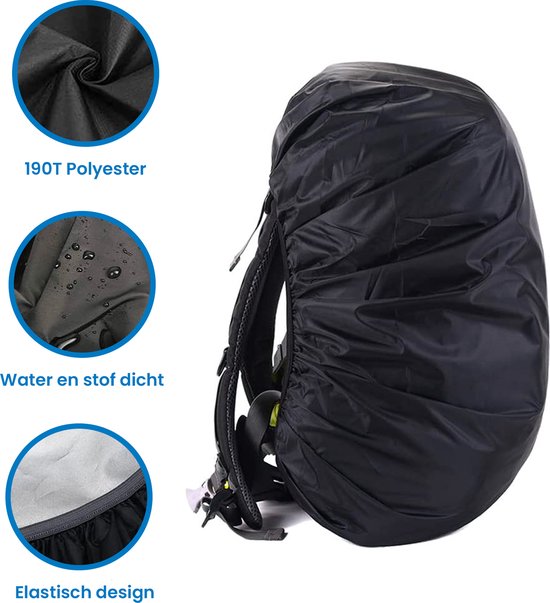 Zwarte rugzakhoes van 190T polyester. Water- en stofbestendig. Elastisch ontwerp.