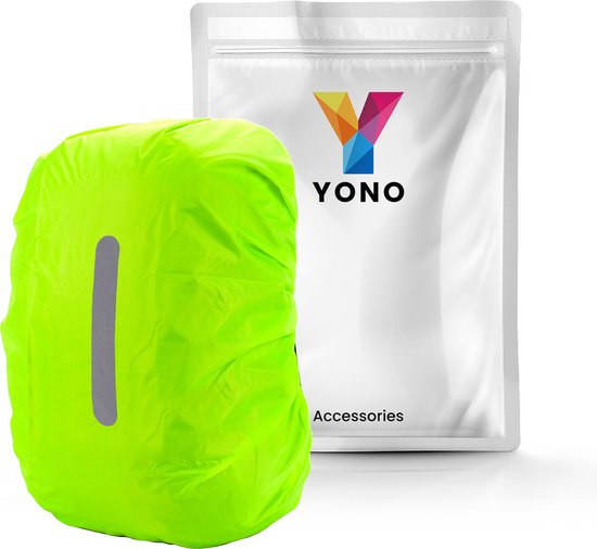 Housse de sac à dos vert fluo avec bande réfléchissante à côté d'un emballage YONO.