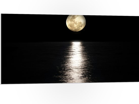 PVC Schuimplaat - Witte Volle Maan boven Donkere Kalme Zee - 100x50 cm Foto op PVC Schuimplaat (Met Ophangsysteem)