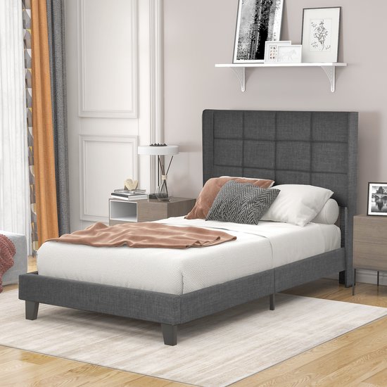 Modern Design Gestoffeerd Bed 90x200cm-Hoofdbord Eenpersoonsbed Met Lattenbodem-Grijs Linnen-Medium Stevig (Zonder Matras)grijs