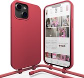xoxo Wildhearts silicone case met koord - Telefoonhoesje met koord - Backcover hoesje met telefoonkoord - Raspberry Red Cord Case - geschikt voor Apple iPhone 14 Plus - rood