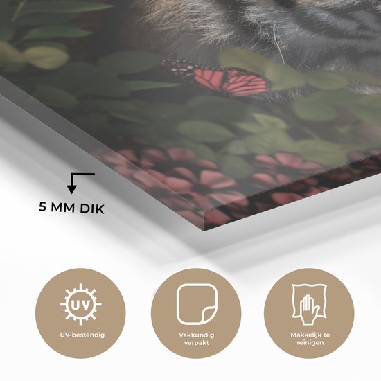 Peintures sur verre - Tigre - Papillons - Fleurs - 120x80 cm - Peintures Plexiglas