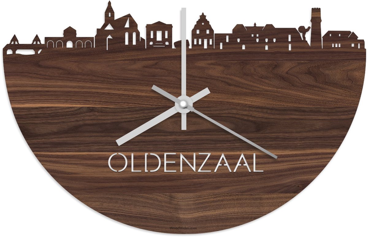 Skyline Klok Oldenzaal Notenhout - Ø 40 cm - Stil uurwerk - Wanddecoratie - Meer steden beschikbaar - Woonkamer idee - Woondecoratie - City Art - Steden kunst - Cadeau voor hem - Cadeau voor haar - Jubileum - Trouwerij - Housewarming - WoodWideCities
