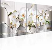 Schilderij - Orchideeën in Bloem , wit zilver look , 5 luik