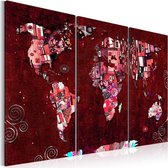Schilderij - Wereldkaart , Robijnkleurige Wereld , 3 luik