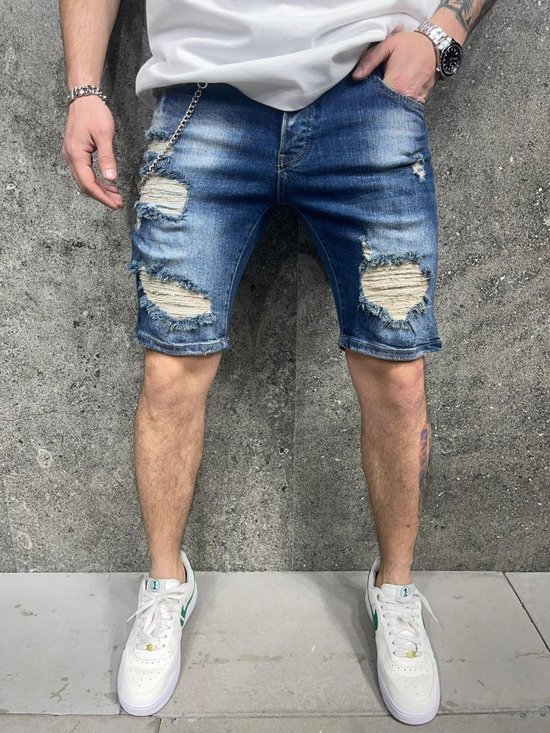 Mannen Stretch Korte Jeans Fashion Casual Slim Fit Hoge Kwaliteit Elastische Denim Shorts Mannelijke Gat Out Korte Jeans - W31