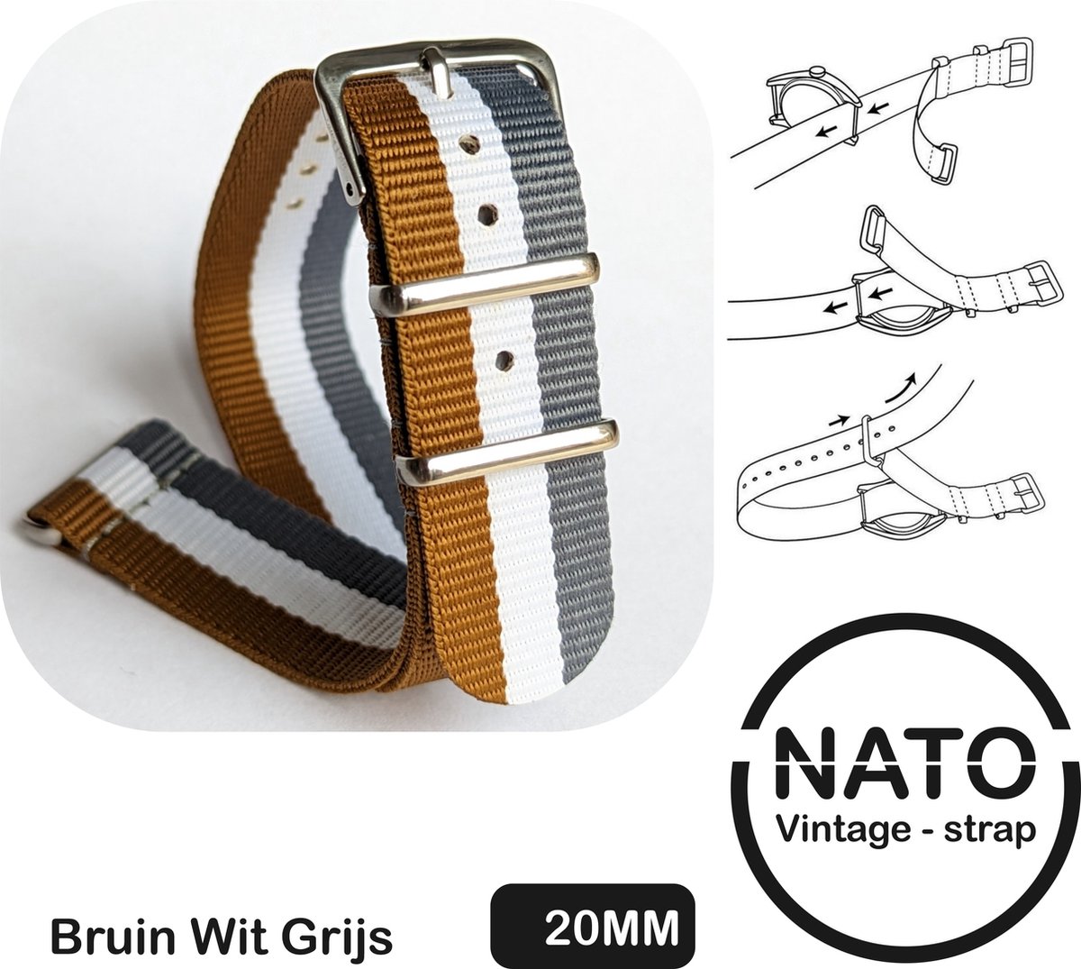 20mm Premium Nato Strap Bruin Wit Grijs - Vintage James Bond - Nato Strap collectie - Mannen - Vrouwen - Horlogeband - 20 mm bandbreedte voor oa. Seiko Rolex Omega Casio en Citizen