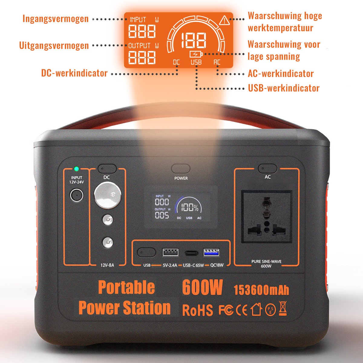 Centrale Power portable 600W - 568WH - 153600MAH - Peak 1000W - Batterie au  lithium