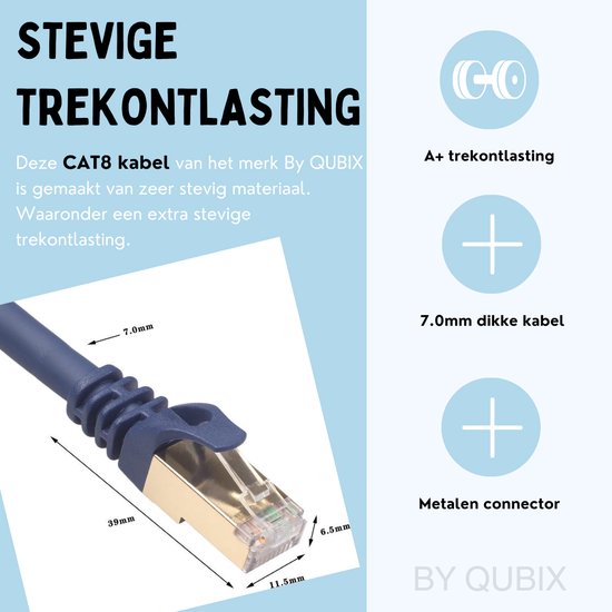Un câble CAT8 bleu foncé avec un connecteur RJ45 plaqué or. Les dimensions 39mm, 6.5mm, 11.5mm, 7.0mm et 7.0mm sont indiquées. "ENTRAÎNEMENT ROBUSTE" est le titre.