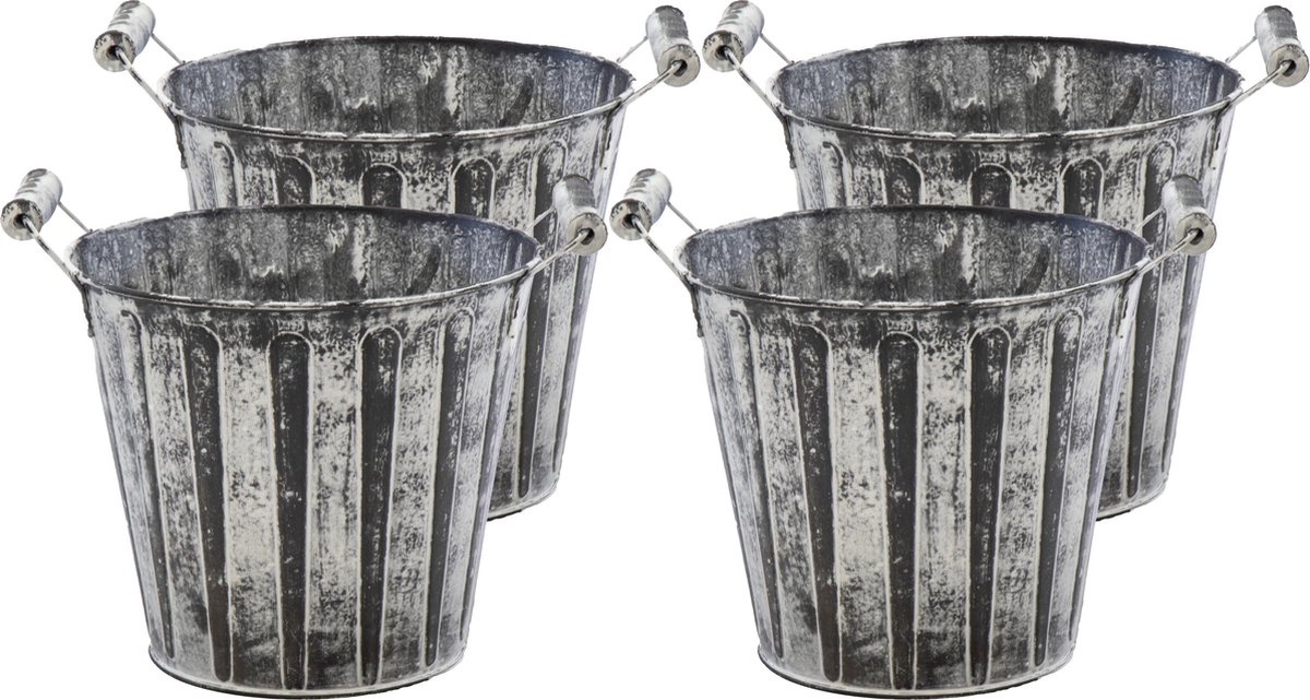Goedkoopste Mega Collections Emmer/plantenpot/bloempot - 4x - zink - antraciet/grijs - D13 x H12 cm