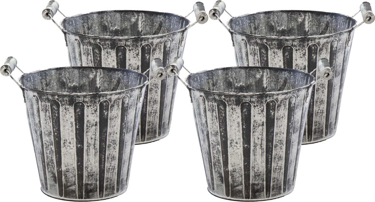 Goedkoopste Mega Collections Emmer/plantenpot/bloempot - 4x - zink - antraciet/grijs - D11 x H10 cm
