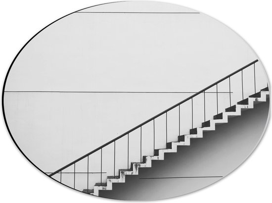Dibond Ovaal - Zwarte Trap voor Witte Muur - 40x30 cm Foto op Ovaal (Met Ophangsysteem)