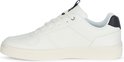 Witte leren sneaker met navy hielstuk en witte zool.