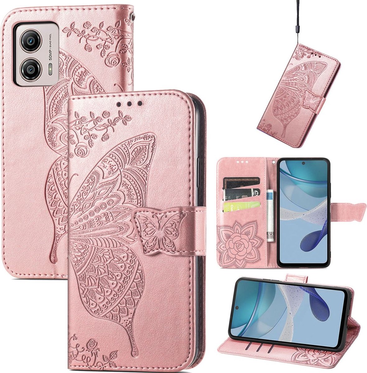 Mobigear Telefoonhoesje geschikt voor Motorola Moto E13 Hoesje | Mobigear Butterfly Bookcase Portemonnee | Pasjeshouder voor 3 Pasjes | Telefoonhoesje voor Pinpas / OV Kaart / Rijbewijs - Roségoud