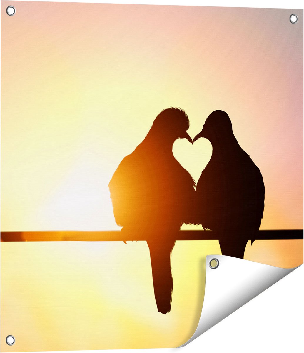 Gards Tuinposter Twee Silhouet Vogels in een Hart Vorm - 60x60 cm - Tuindoek - Tuindecoratie - Wanddecoratie buiten - Tuinschilderij Multikleur