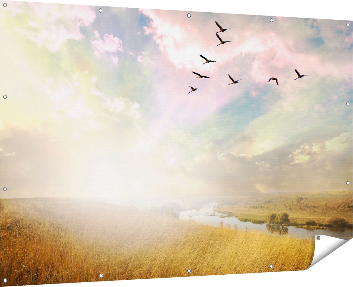 Gards Tuinposter Groep Vogels Vliegen Boven het Gras - 180x120 cm - Tuindoek - Tuindecoratie - Wanddecoratie buiten - Tuinschilderij Multikleur