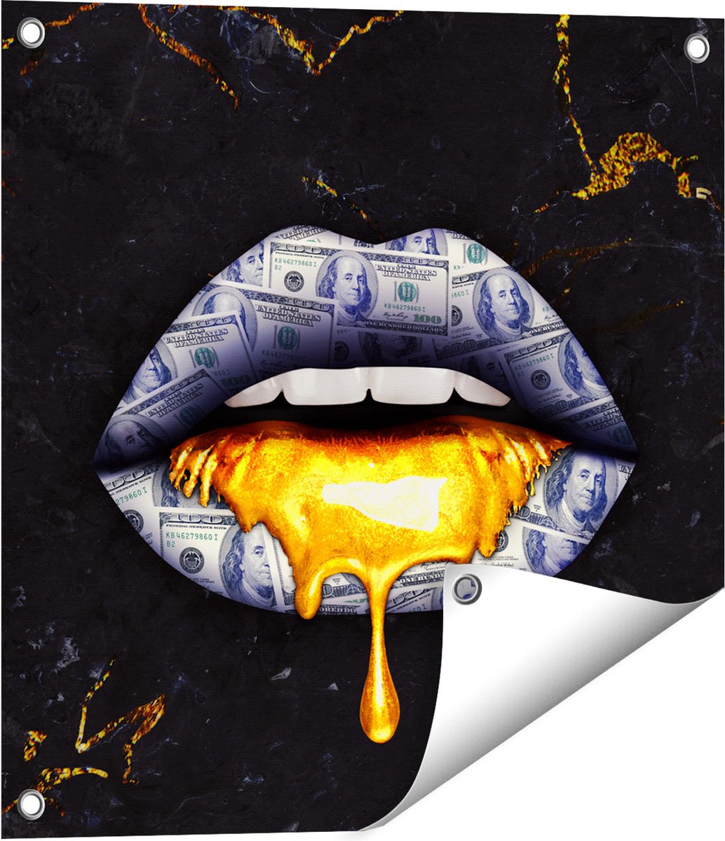 Gards Tuinposter Dollar Lippen met Goud - 50x50 cm - Tuindoek - Tuindecoratie - Wanddecoratie buiten - Tuinschilderij Multikleur
