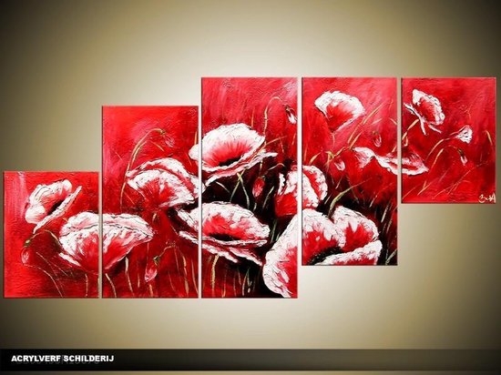 Schilderij -  Bloemen - Klaproos - Rood - 150x70cm 5Luik - GroepArt - Handgeschilderd Schilderij - Canvas Schilderij - Wanddecoratie - Woonkamer - Slaapkamer - Geschilderd Door Onze Kunstenaars 2000+Collectie Maatwerk Mogelijk