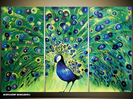 Schilderij -  Vogel - Groen, Blauw - 120x80cm 3Luik - GroepArt - Handgeschilderd Schilderij - Canvas Schilderij - Wanddecoratie - Woonkamer - Slaapkamer - Geschilderd Door Onze Kunstenaars 2000+Collectie Maatwerk Mogelijk