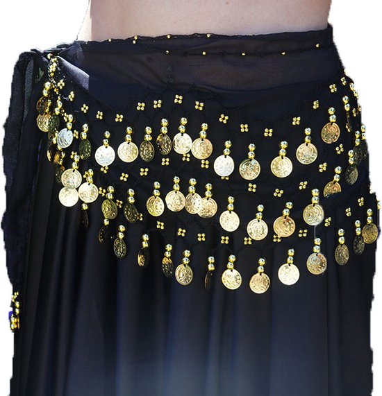 Foulard de hanche de danse orientale noir avec pièces d'or