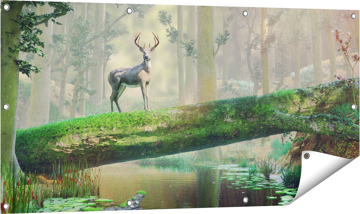 Gards Tuinposter Hert in het Bos op een Boom - 120x60 cm - Tuindoek - Tuindecoratie - Wanddecoratie buiten - Tuinschilderij Multikleur