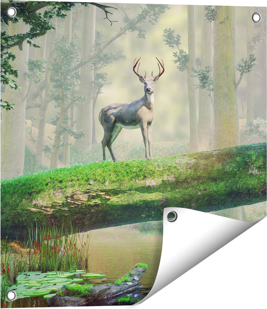 Gards Tuinposter Hert in het Bos op een Boom - 50x50 cm - Tuindoek - Tuindecoratie - Wanddecoratie buiten - Tuinschilderij Multikleur