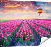 Affiche de Jardin Gards Champ de Fleurs avec Tulipes Roses - Ballon à Air Chaud - 100x80 cm - Toile de Jardin - Tuindecora - Décoration Murale Extérieure - Peinture de Jardin