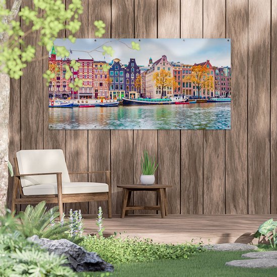 Affiche Jardin du Gards Amsterdam Maisons du Canal - 160x80 cm - Toile de jardin - Décoration de jardin - Décoration murale extérieur - Tableau de jardin