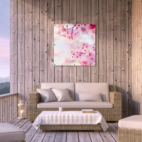 Gards Poster de jardin Arbre à fleurs roses avec soleil - 80x80 cm - Toile de jardin - Décoration de jardin - Décoration murale extérieure - Tableau de jardin