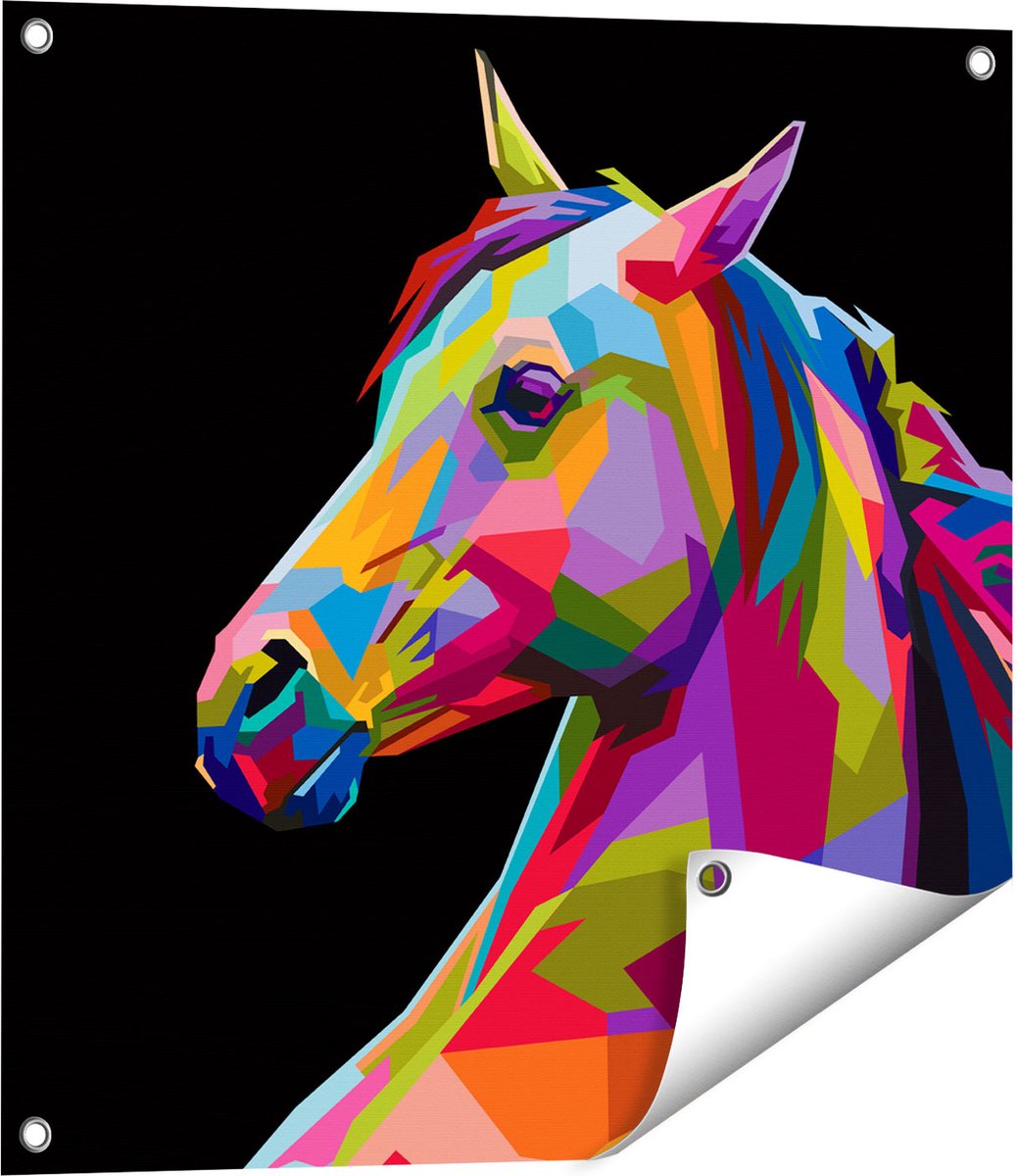 Gards Tuinposter Kleurrijke Paardenkop - Paard - Abstract - 60x60 cm - Tuindoek - Tuindecoratie - Wanddecoratie buiten - Tuinschilderij Multikleur