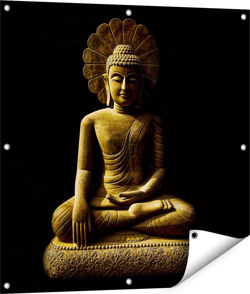 Gards Tuinposter Gouden Boeddha Beeld in Meditatie - 80x80 cm - Tuindoek - Tuindecoratie - Wanddecoratie buiten - Tuinschilderij Multikleur