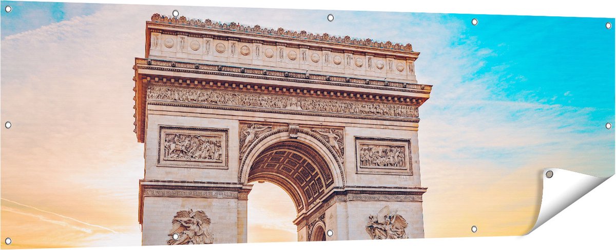 Gards Tuinposter Arc de Triomphe in Parijs met Zonsondergang - 180x60 cm - Tuindoek - Tuindecoratie - Wanddecoratie buiten - Tuinschilderij Multikleur