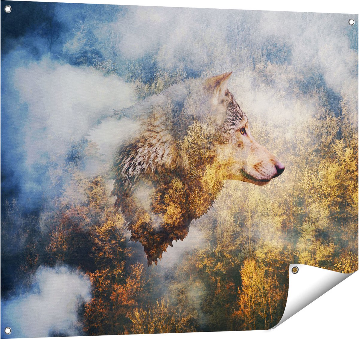 Gards Tuinposter Wolvenkop op een Herfstbos - Wolf - Abstract - 100x80 cm - Tuindoek - Tuindecoratie - Wanddecoratie buiten - Tuinschilderij Multikleur