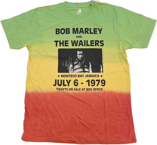 Groen, geel en rood t-shirt met een foto van Bob Marley en tekst: 'Bob Marley and The Wailers', 'Montego Bay Jamaica', 'July 6 - 1979', 'Tickets on sale at box office'.