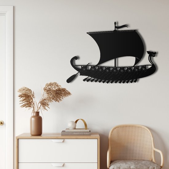 Wanddecoratie | Viking Schip / Viking Ship | Metal - Wall Art | Muurdecoratie | Woonkamer | Buiten Decor |Zwart| 100x70cm