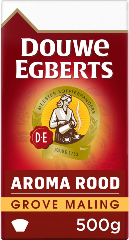 Verpakking Douwe Egberts Aroma Rood Grove Maling 500g met afbeelding van een vrouw die koffie schenkt.