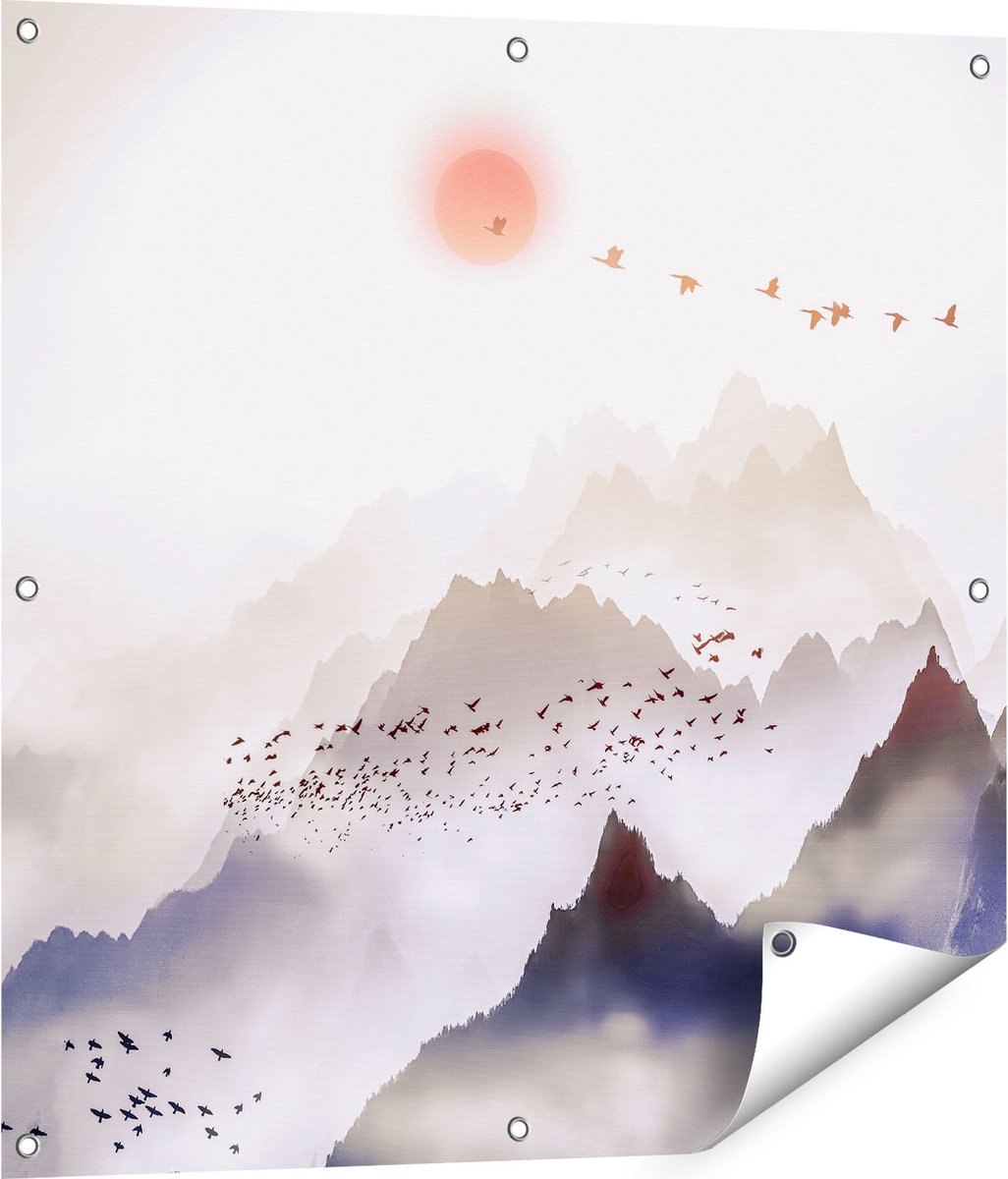 Gards Tuinposter Bergenlandschap met een Boom - Abstract - 80x80 cm - Tuindoek - Tuindecoratie - Wanddecoratie buiten - Tuinschilderij Multikleur