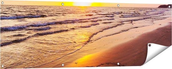 Gards Tuinposter Zonsondergang op het Strand met een Hartje - 150x50 cm - Tuindoek - Tuindecoratie - Wanddecoratie buiten - Tuinschilderij