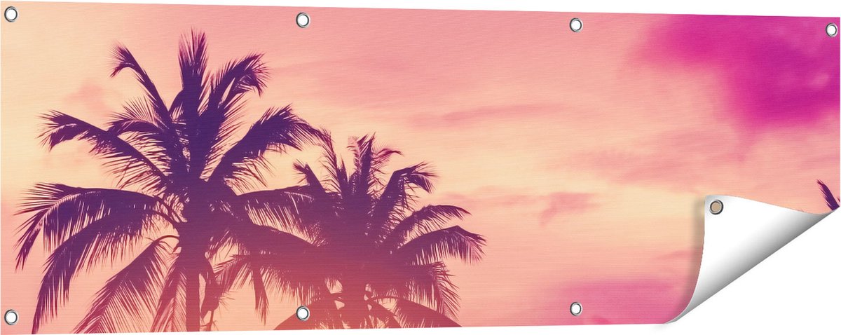 Gards Tuinposter Tropische Palmbomen met Zonsondergang - 120x40 cm - Tuindoek - Tuindecoratie - Wanddecoratie buiten - Tuinschilderij Multikleur