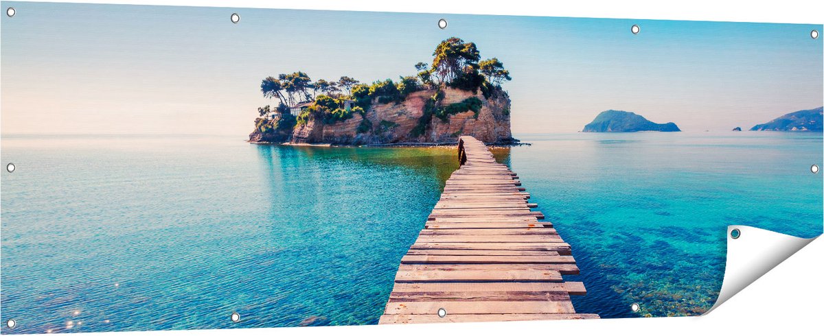 Gards Tuinposter Pad op het Water naar een Grieks Eiland - 180x60 cm - Tuindoek - Tuindecoratie - Wanddecoratie buiten - Tuinschilderij Multikleur