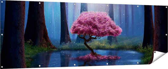 Gards Tuinposter Roze Boom op een Vijver in de Nacht - 210x70 cm - Tuindoek - Tuindecoratie - Wanddecoratie buiten - Tuinschilderij